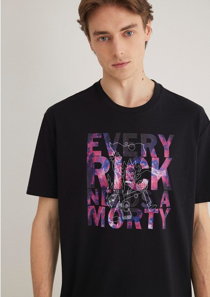 Rick and Morty Baskılı Siyah Tişört 0611683-900