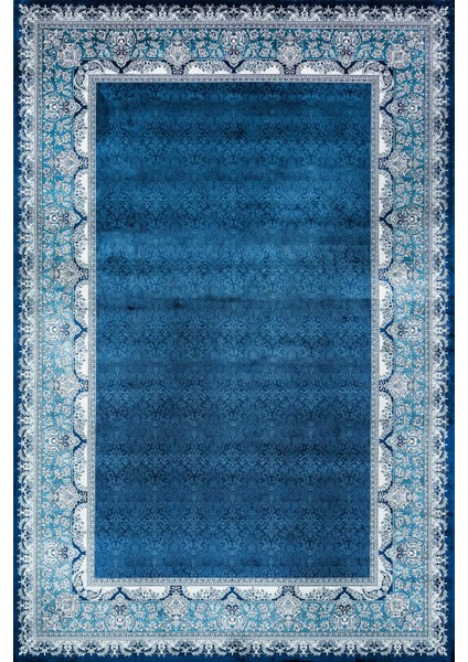 Mavi Çerçeveli Modern Etnik Desenli Halı | Makinada Yıkanabilir | Hav Toz Vermez | Leke Tutmayaz | Kaymaz Taban | Dijital Makine Baskı | Salon Yolluk Mutfak Halısı