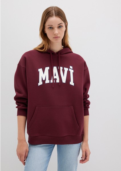 Mavi Logo Baskılı Kapüşonlu Bordo Sweatshirt 1600361-85493