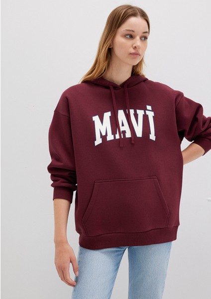 Mavi Logo Baskılı Kapüşonlu Bordo Sweatshirt 1600361-85493