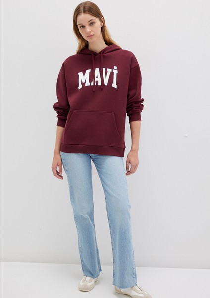 Mavi Logo Baskılı Kapüşonlu Bordo Sweatshirt 1600361-85493