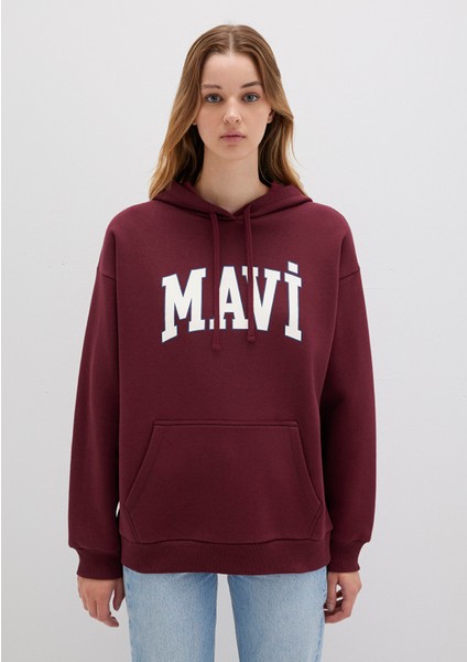 Mavi Logo Baskılı Kapüşonlu Bordo Sweatshirt 1600361-85493