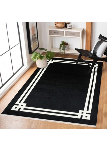 Siyah Çerçeveli Modern Etnik Desenli Halı | Makinada Yıkanabilir | Hav Toz Vermez | Leke Tutmayaz | Kaymaz Taban | Dijital Makine Baskı | Salon Yolluk Mutfak Halısı fiyatları