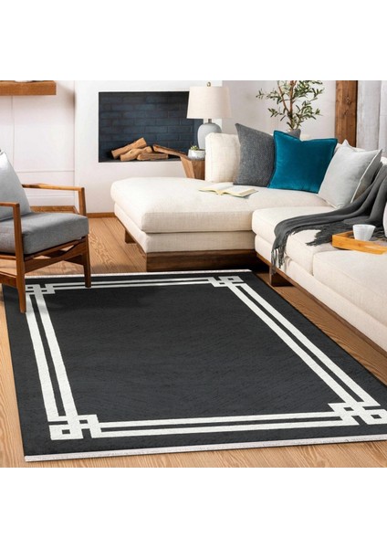 Siyah Çerçeveli Modern Etnik Desenli Halı | Makinada Yıkanabilir | Hav Toz Vermez | Leke Tutmayaz | Kaymaz Taban | Dijital Makine Baskı | Salon Yolluk Mutfak Halısı modelleri