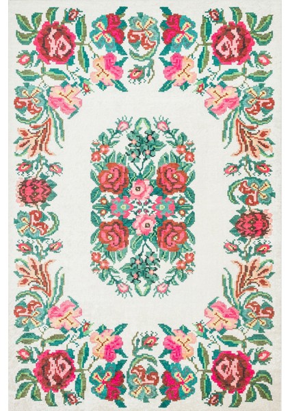 Krem Çiçekli Modern Etnik Desenli Halı | Makinada Yıkanabilir | Hav Toz Vermez | Leke Tutmayaz | Kaymaz Taban | Dijital Makine Baskı | Salon Yolluk Mutfak Halısı