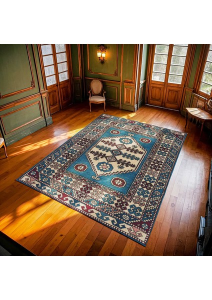 Mavi Göbekli Modern Etnik Desenli Halı | Makinada Yıkanabilir | Hav Toz Vermez | Leke Tutmayaz | Kaymaz Taban | Dijital Makine Baskı | Salon Yolluk Mutfak Halısı modelleri