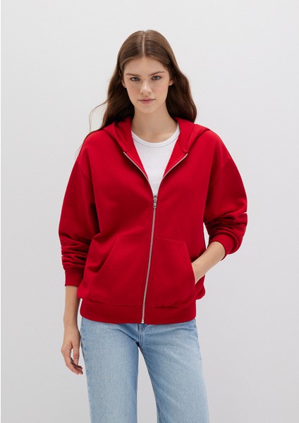 Fermuarlı Kapüşonlu Kırmızı Basic Sweatshirt 1611775-82054
