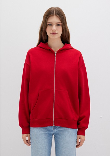 Fermuarlı Kapüşonlu Kırmızı Basic Sweatshirt 1611775-82054