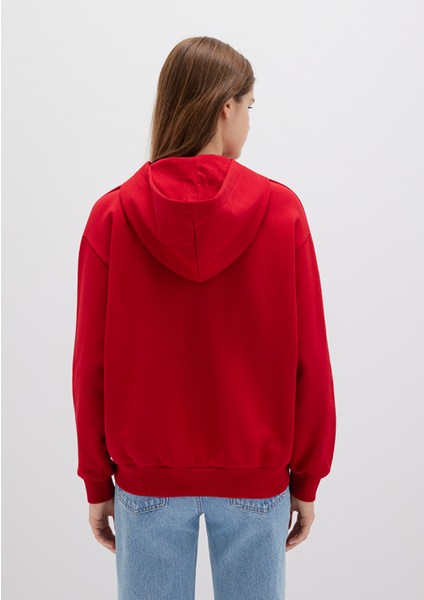 Fermuarlı Kapüşonlu Kırmızı Basic Sweatshirt 1611775-82054