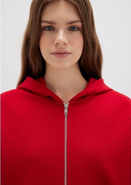 Fermuarlı Kapüşonlu Kırmızı Basic Sweatshirt 1611775-82054