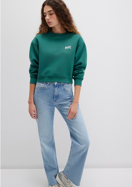 Mavi Logo Baskılı Yeşil Crop Sweatshirt 1611601-71874