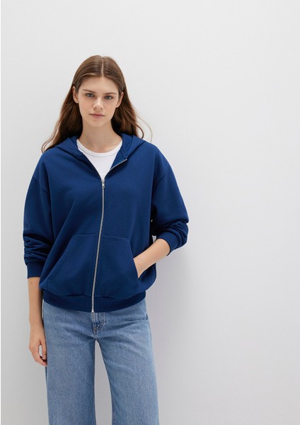 Fermuarlı Kapüşonlu Lacivert Basic Sweatshirt 1611775-82625