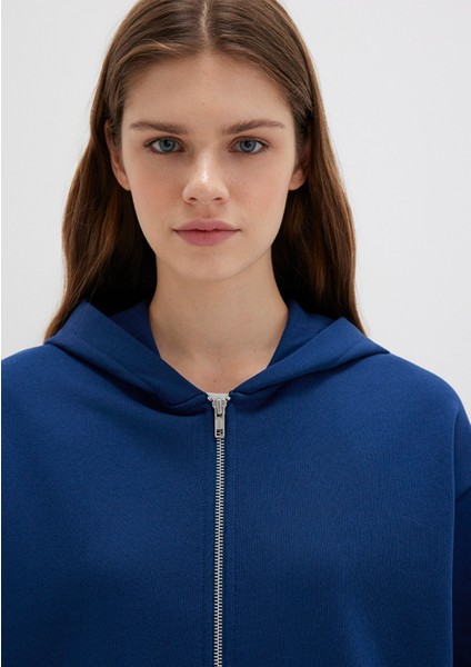 Fermuarlı Kapüşonlu Lacivert Basic Sweatshirt 1611775-82625
