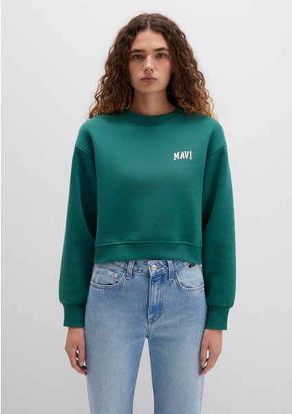 Mavi Logo Baskılı Yeşil Crop Sweatshirt 1611601-71874