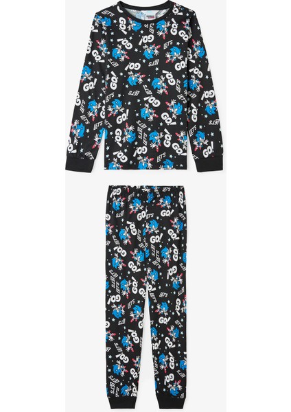 Siyah Erkek Çocuk Sonic Uzun Kollu Pamuklu Pijama Takımı