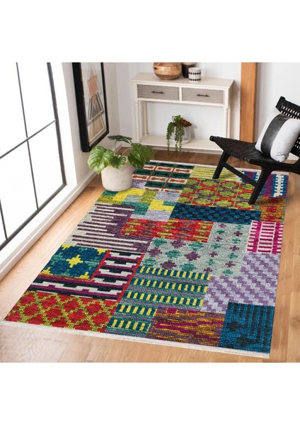 Renkli Patchwork Modern Etnik Desenli Halı | Makinada Yıkanabilir | Hav Toz Vermez | Leke Tutmayaz | Kaymaz Taban | Dijital Makine Baskı | Salon Yolluk Mutfak Halısı fiyatları