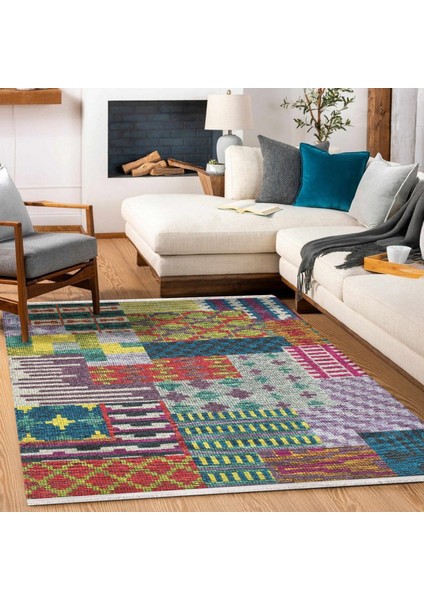 Renkli Patchwork Modern Etnik Desenli Halı | Makinada Yıkanabilir | Hav Toz Vermez | Leke Tutmayaz | Kaymaz Taban | Dijital Makine Baskı | Salon Yolluk Mutfak Halısı modelleri