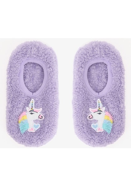 Lila Kız Çocuk Unicorn Desenli Kaymaz Tabanlı Ev Patiği