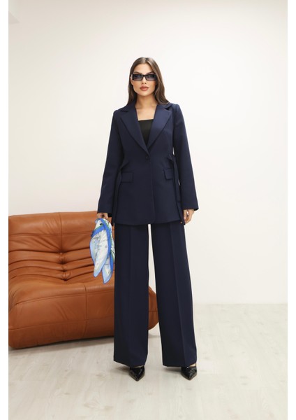 Kadın Lacivert Yandan Kuşaklı Blazer Ceket Pantolon Takım fiyatları