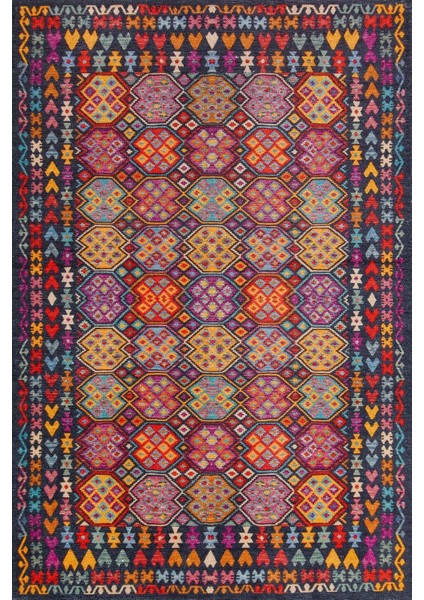 Koyu Mavi Etnik Modern Etnik Desenli Halı | Makinada Yıkanabilir | Hav Toz Vermez | Leke Tutmayaz | Kaymaz Taban | Dijital Makine Baskı | Salon Yolluk Mutfak Halısı
