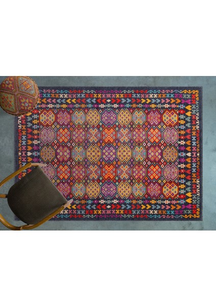 Koyu Mavi Etnik Modern Etnik Desenli Halı | Makinada Yıkanabilir | Hav Toz Vermez | Leke Tutmayaz | Kaymaz Taban | Dijital Makine Baskı | Salon Yolluk Mutfak Halısı modelleri