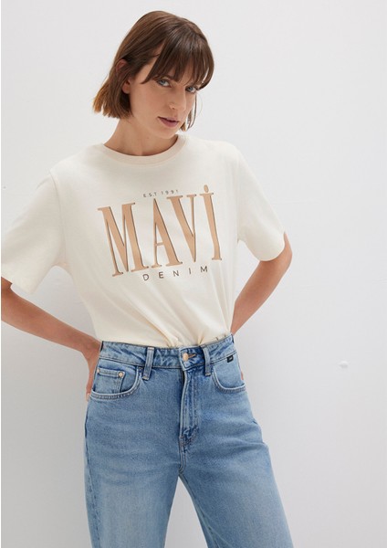 Mavi Logo Baskılı Bej Tişört 1611990-70008