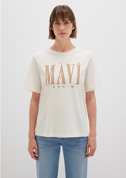 Mavi Logo Baskılı Bej Tişört 1611990-70008