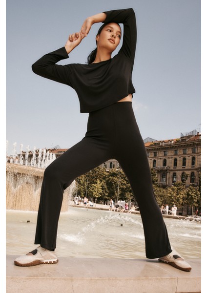 Siyah Modal Yüksek Bel Fitilli İspanyol Paça Tayt