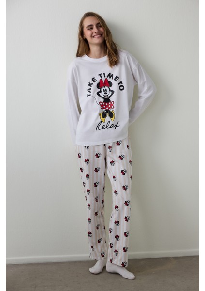 Optik Beyaz Mickey Mouse Baskılı Pamuklu Uzun Kollu Pijama Takımı