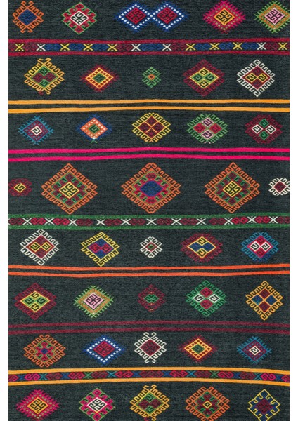 Siyah Etnik Modern Etnik Desenli Halı | Makinada Yıkanabilir | Hav Toz Vermez | Leke Tutmayaz | Kaymaz Taban | Dijital Makine Baskı | Salon Yolluk Mutfak Halısı