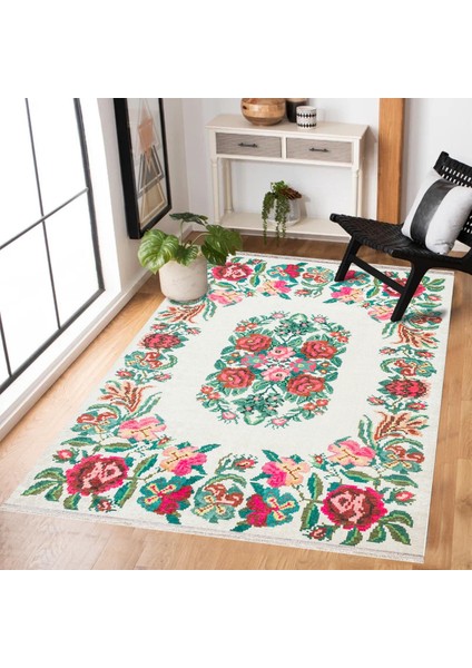 Krem Çiçekli Modern Etnik Desenli Halı | Makinada Yıkanabilir | Hav Toz Vermez | Leke Tutmayaz | Kaymaz Taban | Dijital Makine Baskı | Salon Yolluk Mutfak Halısı modelleri