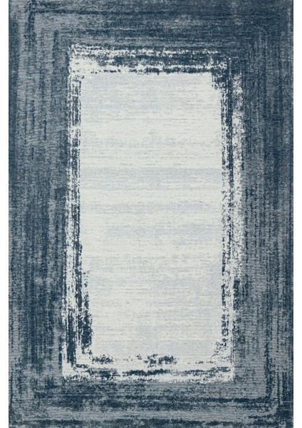 Koyu Mavi Çerçeveli Modern Etnik Desenli Halı | Makinada Yıkanabilir | Hav Toz Vermez | Leke Tutmayaz | Kaymaz Taban | Dijital Makine Baskı | Salon Yolluk Mutfak Halısı
