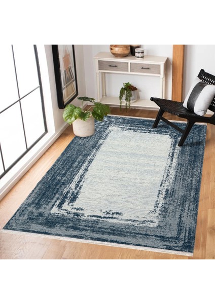 Koyu Mavi Çerçeveli Modern Etnik Desenli Halı | Makinada Yıkanabilir | Hav Toz Vermez | Leke Tutmayaz | Kaymaz Taban | Dijital Makine Baskı | Salon Yolluk Mutfak Halısı fiyatları