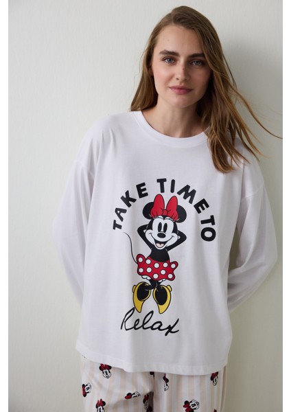 Optik Beyaz Mickey Mouse Baskılı Pamuklu Uzun Kollu Pijama Takımı fiyatları