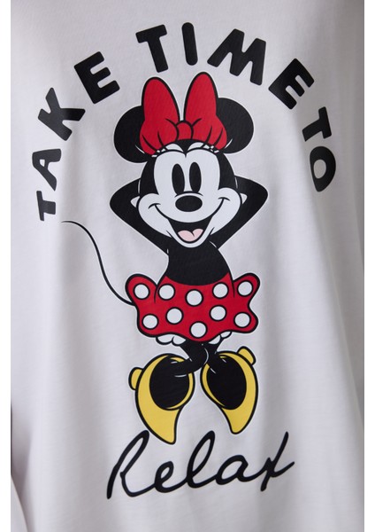 Optik Beyaz Mickey Mouse Baskılı Pamuklu Uzun Kollu Pijama Takımı modelleri