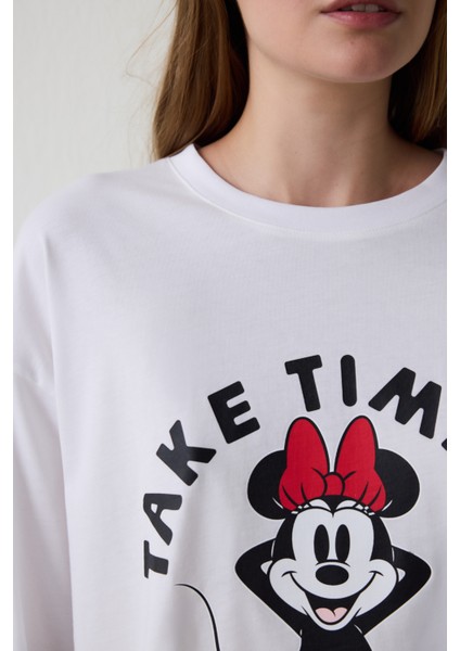 Optik Beyaz Mickey Mouse Baskılı Pamuklu Uzun Kollu Pijama Takımı fırsatları