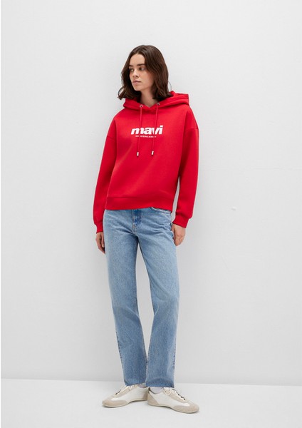 Mavi Logo Baskılı Kapüşonlu Kırmızı Sweatshirt 168334-35476