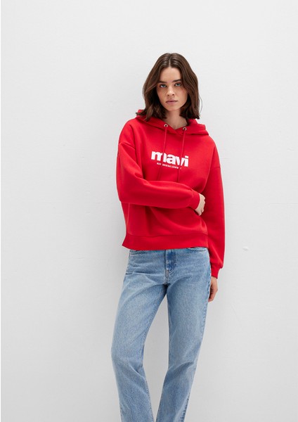 Mavi Logo Baskılı Kapüşonlu Kırmızı Sweatshirt 168334-35476