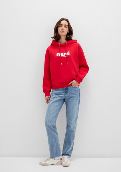 Mavi Logo Baskılı Kapüşonlu Kırmızı Sweatshirt 168334-35476