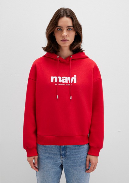 Mavi Logo Baskılı Kapüşonlu Kırmızı Sweatshirt 168334-35476