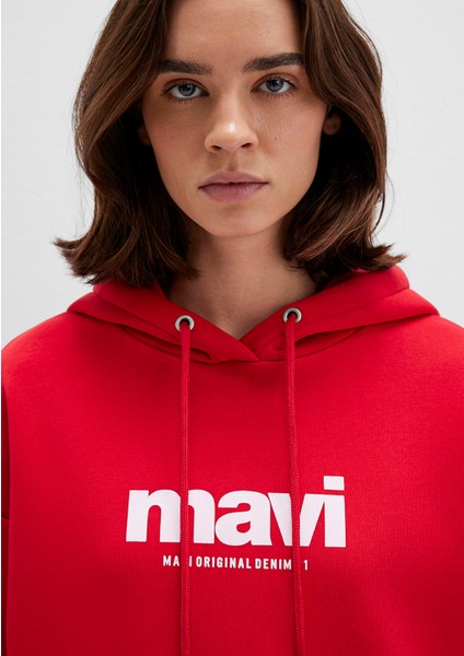Mavi Logo Baskılı Kapüşonlu Kırmızı Sweatshirt 168334-35476