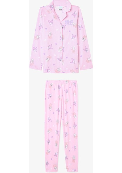 Açık Pembe Kız Çocuk Kuromi Friends Pamuklu Gömlek Pijama Takımı