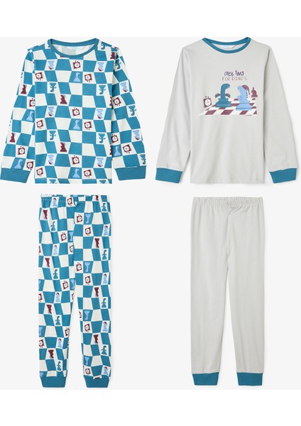 Erkek Çocuk Chess Time Dinozor Desenli Uzun Kollu Pamuklu 2'li Pijama Takımı