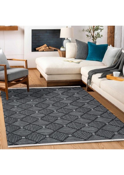Siyah Geometrik Modern Etnik Desenli Halı | Makinada Yıkanabilir | Hav Toz Vermez | Leke Tutmayaz | Kaymaz Taban | Dijital Makine Baskı | Salon Yolluk Mutfak Halısı modelleri