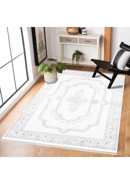 Beyaz Göbekli Modern Etnik Desenli Halı | Makinada Yıkanabilir | Hav Toz Vermez | Leke Tutmayaz | Kaymaz Taban | Dijital Makine Baskı | Salon Yolluk Mutfak Halısı modelleri