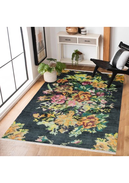 Siyah Çiçekli Modern Etnik Desenli Halı | Makinada Yıkanabilir | Hav Toz Vermez | Leke Tutmayaz | Kaymaz Taban | Dijital Makine Baskı | Salon Yolluk Mutfak Halısı fiyatları