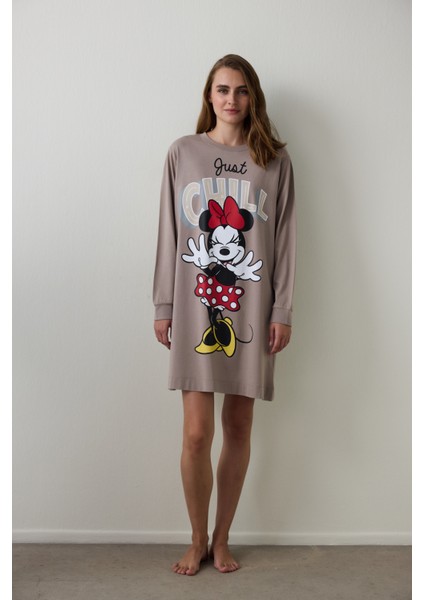 Koyu Bej Just Chill Mickey Mouse Baskılı Pamuklu Uzun Kollu Gecelik