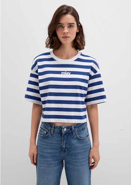 Miav Baskılı Çizgili Crop Tişört 1612456-87201