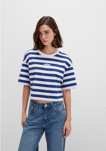 Miav Baskılı Çizgili Crop Tişört 1612456-87201