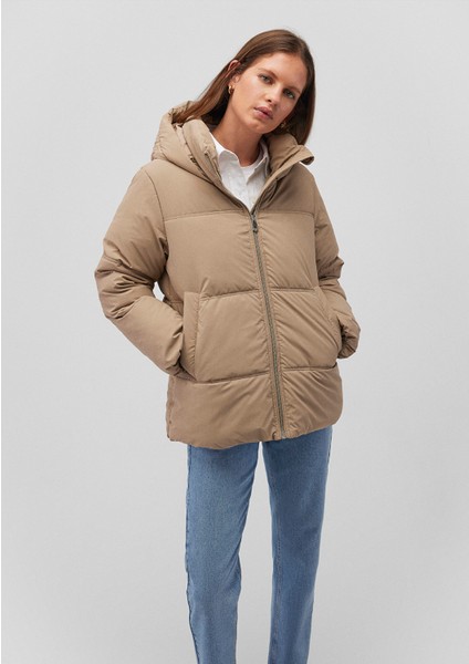 Kapüşonlu Kahverengi Şişme Mont 1110456-86805